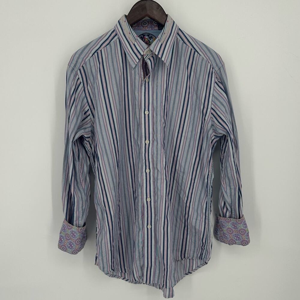 Robert Graham Men’s Striped Dress Shirt Flip Cuff Colorful Size Medium Party